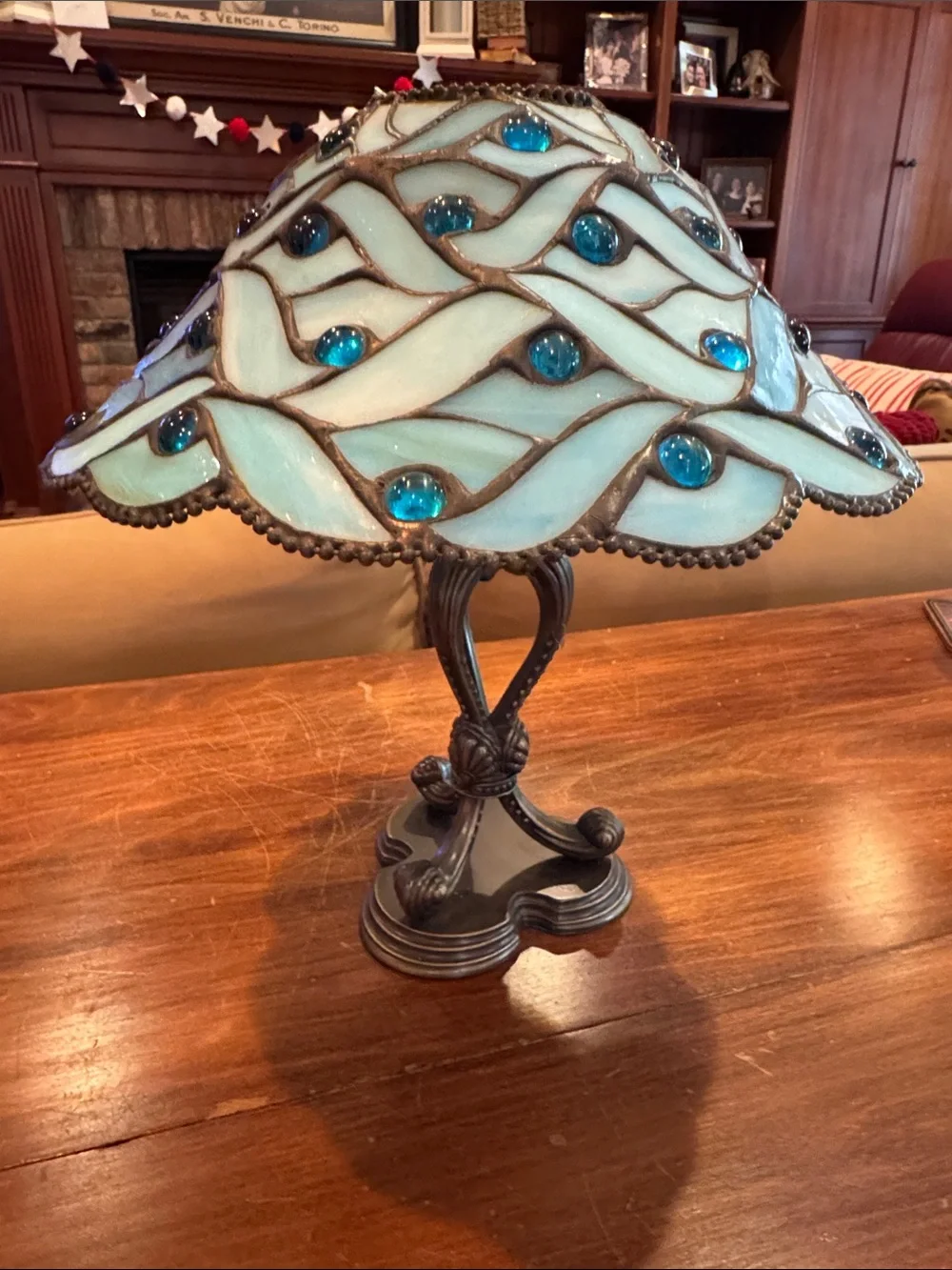 PartyLite Spring Water Stained Glass Shade Candle Holder Brass Base Retired